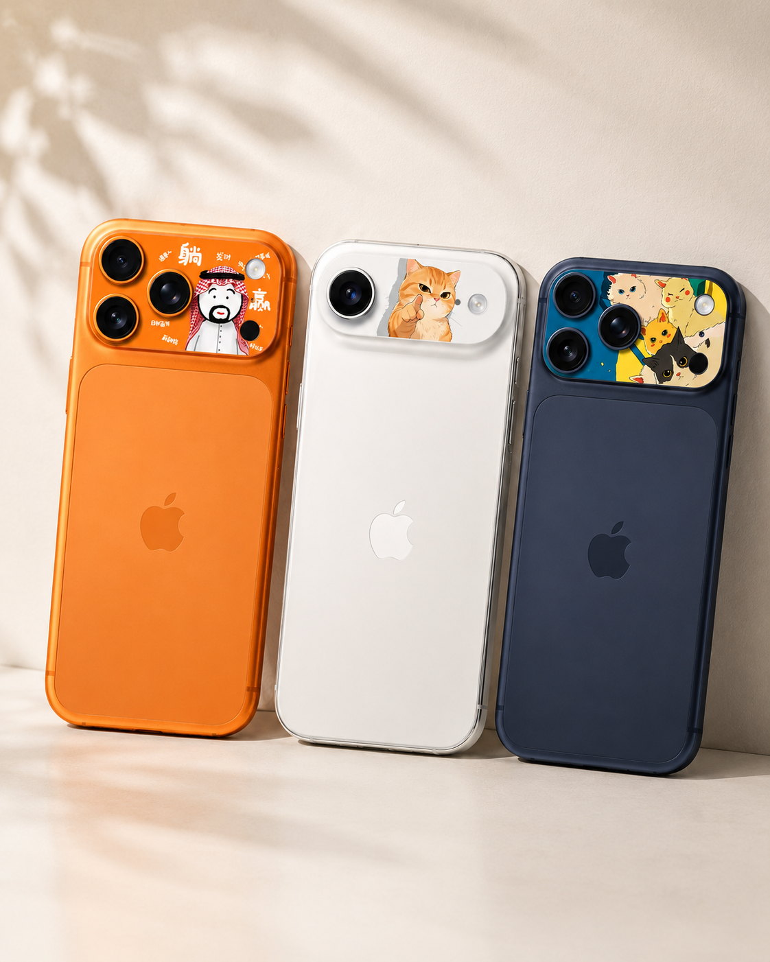 Stickers décoratifs SKINUP appliqués sur trois iPhone, designs colorés sur le module caméra
